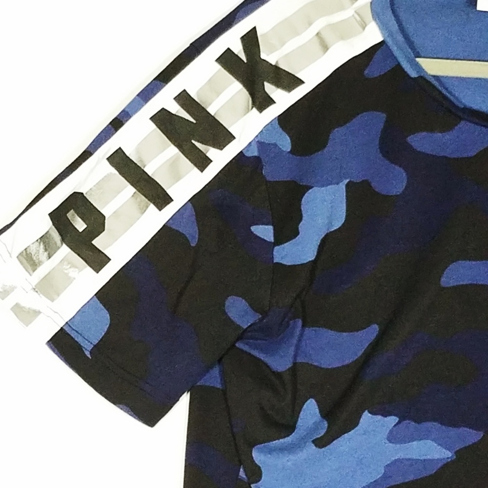 PINK Victoria's Secret Blue Camo Logo Tee Shirt L